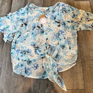 Umgee NWT  Top Womens L Crop‎ Floral Sheer V-Neck Short Sleeve Boho Peasant